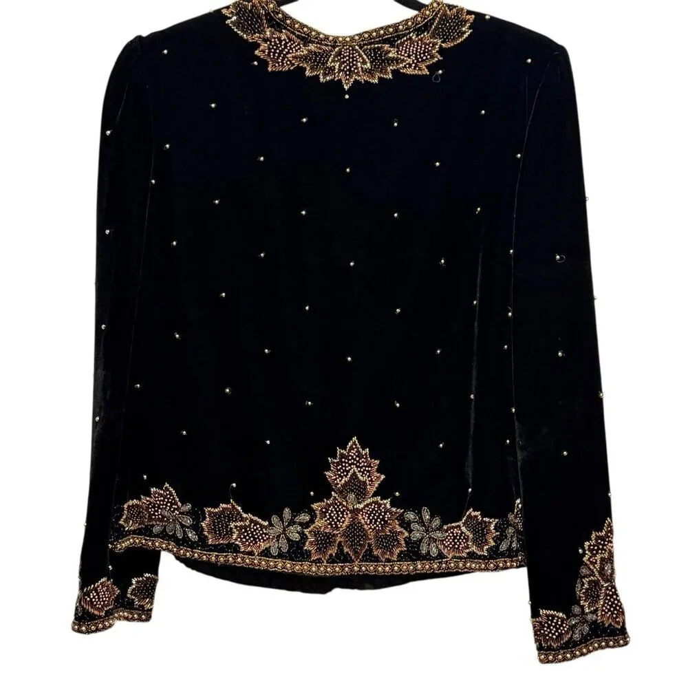 Vintage Beaded Black Velvet Gold Copper Luxurious Formal Womens Jacket Size 18